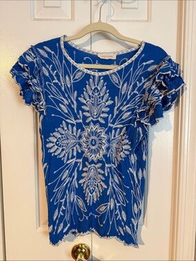 Solitaire Royal Blue Embroidered Ruffle Sleeve Top